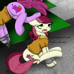 Size: 450x450 | Tagged: safe, artist:mossie55, berry punch, berryshine, roseluck, g4, berry punch in prison, clothes, never doubt rainbowdash69's involvement, prison, prison outfit