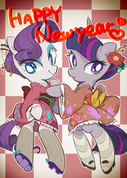 Size: 1378x1931 | Tagged: safe, artist:pash_hn, rarity, twilight sparkle, pony, g4, bipedal, happy new year, kimono (clothing), pixiv