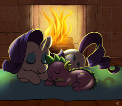 Size: 1891x1642 | Tagged: safe, artist:comikazia, rarity, spike, g4, female, fire, fireplace, interspecies, male, ship:sparity, shipping, sleeping, snuggling, straight
