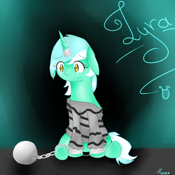 Size: 1024x1024 | Tagged: safe, artist:tanee13, lyra heartstrings, g4, ball and chain, clothes, female, horn, horn ring, magic suppression, prison outfit, prison stripes, prisoner, sad, shackles, solo