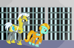 Size: 1024x674 | Tagged: safe, artist:luckyacesnof, lightning dust, g4, wonderbolts academy, bound wings, clothes, duo, prison, prison outfit, prisoner, royal guard, sad, shackles