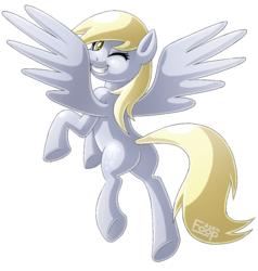 Size: 1000x1050 | Tagged: safe, artist:freezyfoop, derpy hooves, pegasus, pony, g4, butt, female, flying, looking at you, looking back, mare, plot, simple background, smiling, solo, spread wings, wink