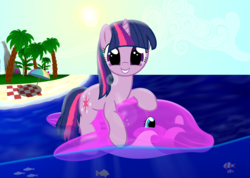 Size: 3903x2779 | Tagged: safe, artist:galekz, twilight sparkle, dolphin, pony, unicorn, g4, beach, female, fetish, floaty, grin, high res, inflatable, inflatable dolphin, inflatable fetish, looking at you, pool toy, riding, smiling, solo, unicorn twilight, wanna ride?, wet, wet mane
