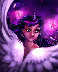 Size: 2000x2500 | Tagged: safe, artist:jessymcbump, twilight sparkle, human, g4, female, glowing, horn, horned humanization, humanized, looking away, portrait, solo, three quarter view, twilight sparkle (alicorn), winged humanization