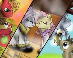 Size: 1000x800 | Tagged: safe, artist:muketti, big macintosh, caramel, derpy hooves, doctor whooves, fluttershy, rarity, time turner, pegasus, pony, g4, female, gay, lesbian, male, mare, ship:caramac, ship:doctorderpy, ship:flarity, shipping, straight