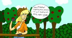 Size: 1256x670 | Tagged: safe, artist:mcwhale4, applejack, human, g4, dialogue, female, human female, humanized, orchard, solo, speech bubble