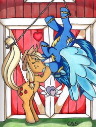 Size: 610x802 | Tagged: safe, artist:cbs, applejack, soarin', g4, barn, female, hanging, heart, kissing, male, rope, ship:soarinjack, shipping, straight, traditional art, upside down, wonderbolts uniform