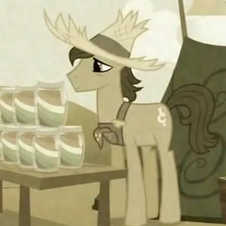 Size: 311x311 | Tagged: safe, screencap, stinkin' rich, earth pony, pony, family appreciation day, g4, cent sign, cropped, hat, male, sepia, solo, stallion, straw hat, zap apple jam