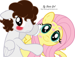 Size: 3106x2367 | Tagged: safe, artist:joey darkmeat, artist:shinta-girl, fluttershy, oc, pegasus, pony, g4, blushing, duo, flutterdoll, kiss mark, lipstick, looking back, nervous, plushie, twidoll, wiping