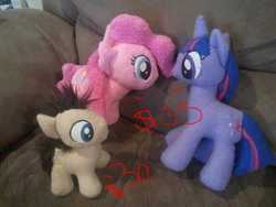 Size: 720x540 | Tagged: safe, artist:russianmaple, pinkie pie, pound cake, twilight sparkle, g4, irl, photo, plushie, prices