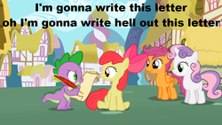 Size: 969x545 | Tagged: safe, apple bloom, scootaloo, spike, sweetie belle, g4, caption, cutie mark crusaders, feather, letter, paper, ponyville, quill, scroll