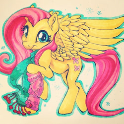 Size: 640x640 | Tagged: safe, artist:vyntresser, fluttershy, g4, clothes, female, leg warmers, scarf, solo, traditional art