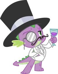 Size: 843x1059 | Tagged: safe, artist:tweevle, spike, dragon, g4, classy, clothes, drink, facial hair, fancy, glass, hat, like a sir, male, monocle, moustache, simple background, solo, top hat, tuxedo, vector, white background