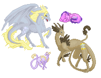 Size: 199x153 | Tagged: artist needed, safe, amethyst star, derpy hooves, dinky hooves, sparkler, dragon, horse, pegasus, pony, g4, dragon cave, dragonified, equestria's best mother, family, female, hatchling, horse dragon, mare, pixel art, recolor, sprite, sweetling