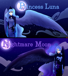 Size: 1800x2000 | Tagged: safe, artist:norang94, nightmare moon, princess luna, human, g4, duality, grin, humanized, large wings, light skin, moon, night, smiling, winged humanization