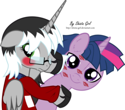 Size: 3034x2670 | Tagged: safe, artist:joey darkmeat, artist:shinta-girl, twilight sparkle, oc, alicorn, pony, g4, alicorn oc, blushing, duo, dusk shine, duskdoll, female, kiss mark, kissing, lipstick, male, rule 63, straight, twidoll