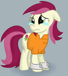 Size: 845x946 | Tagged: safe, artist:deathirst, roseluck, earth pony, pony, g4, clothes, female, prison outfit, shackles, show accurate, solo