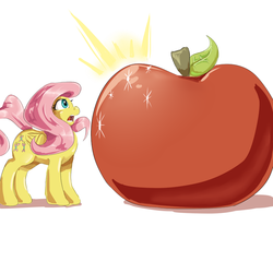 Size: 800x800 | Tagged: dead source, safe, artist:sirmasterdufel, fluttershy, bat pony, pony, g4, apple, female, flutterbat, giant apple, race swap, solo, that pony sure does love apples, this will end in weight gain, weight gain sequence