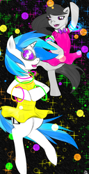 Size: 768x1500 | Tagged: safe, artist:naonii, dj pon-3, octavia melody, vinyl scratch, pony, g4, bipedal, dancing, duo, glowstick