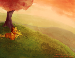 Size: 1024x791 | Tagged: safe, artist:pneumaticoutlaw, applejack, g4, female, grass, loose hair, prone, solo, tree, windswept mane