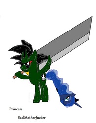 Size: 572x728 | Tagged: artist needed, safe, princess luna, oc, oc:princess bad motherfucker, alicorn, pony, g4, /mlp/, augmented tail, buster sword, luna tail, ms paint, sword, weapon