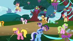 Size: 1366x768 | Tagged: safe, screencap, apple bumpkin, apple cobbler, carrot top, cherry berry, daisy, dizzy twister, flower wishes, golden harvest, lyra heartstrings, minuette, orange swirl, twilight sparkle, twinkleshine, pony, g4, my little pony: friendship is magic, swarm of the century, apple family member, background pony, bow, flower, rake