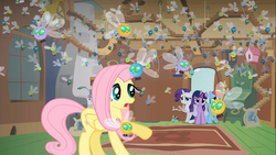 Size: 1366x768 | Tagged: safe, screencap, fluttershy, rainbow dash, rarity, twilight sparkle, parasprite, pegasus, pony, unicorn, g4, swarm of the century, fluttershy's cottage, saddle bag, swarm, unicorn twilight