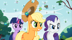 Size: 1366x768 | Tagged: safe, screencap, applejack, rarity, twilight sparkle, parasprite, g4, swarm of the century