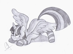 Size: 1000x750 | Tagged: safe, artist:an-tonio, twilight sparkle, alicorn, pony, g4, clothes, female, mare, monochrome, socks, solo, striped socks, traditional art, twilight sparkle (alicorn), wings