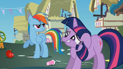 Size: 1366x768 | Tagged: safe, screencap, rainbow dash, twilight sparkle, g4, swarm of the century, apple, great moments in animation