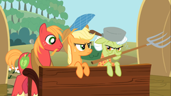 Size: 1366x768 | Tagged: safe, screencap, applejack, big macintosh, granny smith, earth pony, pony, g4, swarm of the century, male, stallion, traffic light trio