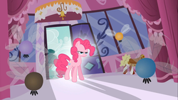 Size: 1366x768 | Tagged: safe, screencap, pinkie pie, parasprite, g4, swarm of the century, carousel boutique, glowing, serious, unamused