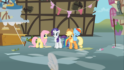 Size: 1366x768 | Tagged: safe, screencap, applejack, fluttershy, rainbow dash, rarity, g4, swarm of the century, friendshipping