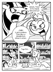 Size: 800x1080 | Tagged: safe, artist:elmundodeultra, trixie, twilight sparkle, g4, chess, comic, monochrome, spanish, translated in the comments