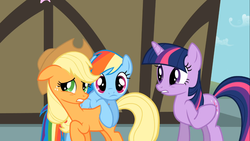 Size: 1366x768 | Tagged: safe, screencap, applejack, rainbow dash, twilight sparkle, g4, my little pony: friendship is magic, swarm of the century, flank lean