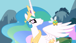 Size: 1366x768 | Tagged: safe, screencap, princess celestia, alicorn, parasprite, pony, g4, my little pony: friendship is magic, swarm of the century