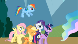 Size: 1366x768 | Tagged: safe, screencap, applejack, fluttershy, princess celestia, rainbow dash, rarity, twilight sparkle, earth pony, pegasus, pony, unicorn, g4, my little pony: friendship is magic, swarm of the century, eyes closed, flying, frown, grin, nervous, princess celestia's hair, smiling, spread wings, standing, twiface, worried