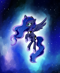 Size: 1401x1701 | Tagged: safe, artist:sleepykoinu, princess luna, alicorn, pony, g4, cute, ethereal mane, female, flying, hoof shoes, jewelry, lunabetes, mare, peytral, solo, space, spread wings, starry mane, stars, tiara, wings