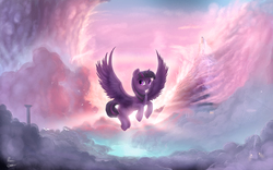 Size: 1920x1200 | Tagged: safe, artist:rain-gear, twilight sparkle, alicorn, pony, g4, backlighting, cloud, cloudy, female, flying, mare, mountain, scenery, solo, spread wings, twilight sparkle (alicorn)