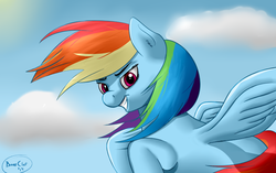 Size: 931x585 | Tagged: safe, artist:bassclef, rainbow dash, g4, female, flying, sky, solo