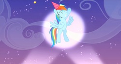 Size: 1438x766 | Tagged: safe, screencap, rainbow dash, g4, pinkie pride, female, flying, hat, party hat, solo
