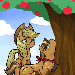 Size: 3000x3000 | Tagged: safe, artist:kianamai, applejack, oc, oc:golden delicious, earth pony, pony, kilalaverse, g4, apple, apple tree, applebucking, duo, female, food, frown, leaning, male, mare, mother and son, next generation, offspring, parent:applejack, parent:caramel, parents:carajack, prone, sad, smiling, stallion, standing, story included, tree