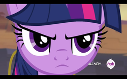 Size: 1280x800 | Tagged: safe, screencap, twilight sparkle, alicorn, pony, g4, my little pony: friendship is magic, three's a crowd, angry, dat face, female, hub logo, mare, solo, twilight sparkle (alicorn), twilight sparkle is not amused, unamused