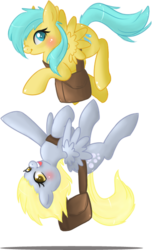 Size: 341x562 | Tagged: safe, artist:chocopepper, derpy hooves, sunshower raindrops, pegasus, pony, g4, duo, duo female, female, mailmare, mare, simple background, transparent background