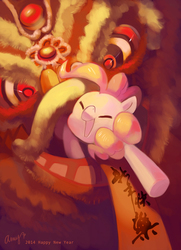 Size: 600x829 | Tagged: safe, artist:amy30535, pinkie pie, g4, animal costume, chinese new year, clothes, female, lion dance, solo