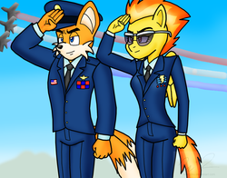 Size: 1614x1268 | Tagged: safe, artist:sonigoku, spitfire, fox, pegasus, anthro, g4, clothes, commission, crossover, dress uniform, jets, male, miles "tails" prower, military, military uniform, murica, salute, sonic the hedgehog (series), spittails, uniform, united states