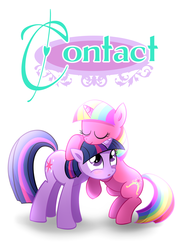 Size: 1016x1376 | Tagged: safe, artist:madmax, twilight sparkle, fanfic:contact, g4, big crown thingy, blushing, commission, cover art, element of magic, fanfic, fanfic art, fanfic cover, hug, ponified