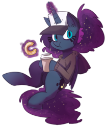 Size: 879x1056 | Tagged: safe, artist:herny, princess luna, luna-afterdark, g4, clothes, coffee, donut, eating, female, food, hat, magic, simple background, solo, sweater, transparent background
