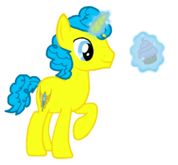 Size: 720x672 | Tagged: safe, pony, cupcake, element of laughter, fanfic art, food, glowing horn, horn, magic, ponified, simple background, solo, telekinesis, transparent background