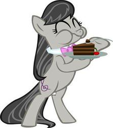 Size: 338x380 | Tagged: safe, octavia melody, earth pony, pony, g4, bipedal, cake, female, fork, magnet hoof, simple background, solo, white background